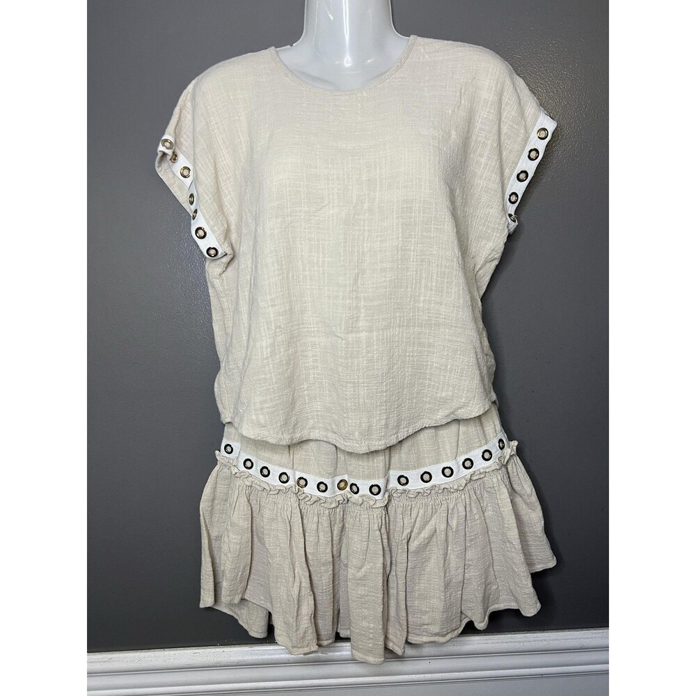 MISA Los Angeles Top Skirt Set Womens XS Beige Gauze Studded Boho Chic